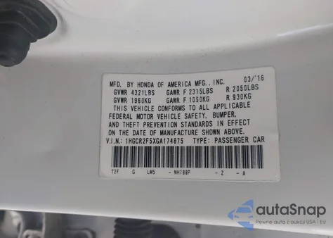 2016 Honda Accord Sport z USA, uszkodzony, nr VIN 1HGCR2F5XGA174875